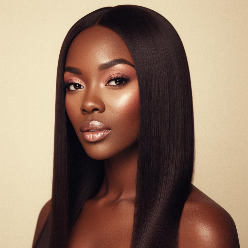Dark-skinned woman in luxury wig, soft warm beauty editorial